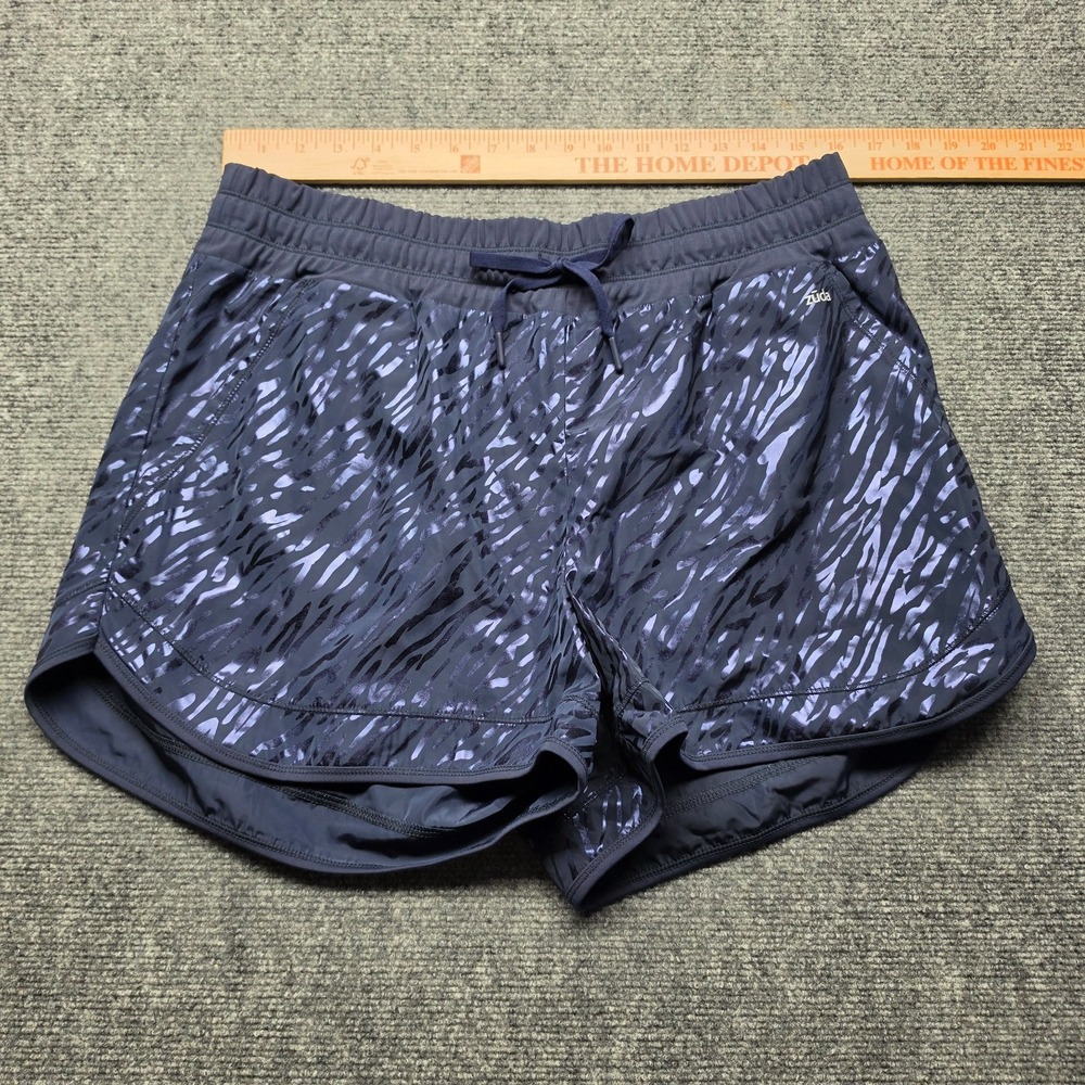 Zuda Womens Medium Running Shorts Blue Metallic Tiger Stripe Lined Athletic Gym